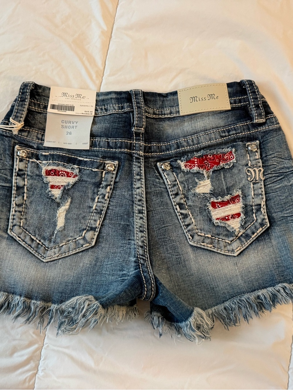 Miss Me Blue Denim Curvy Jean Shorts with Red Bandana Patch